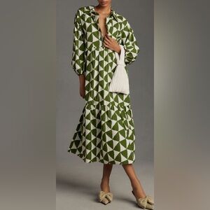 Anthropologie Maeve Bettina tiered shirt dress moss green Size Small Petite EUC